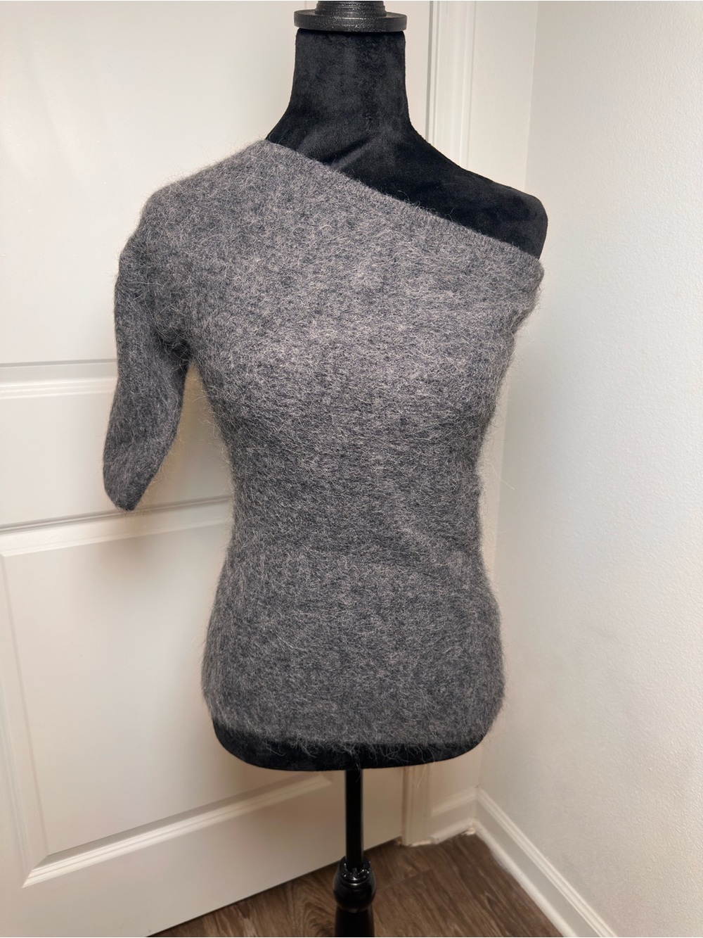 Zara Charcoal Off-Shoulder Fuzzy Knit Sweater / BNWT